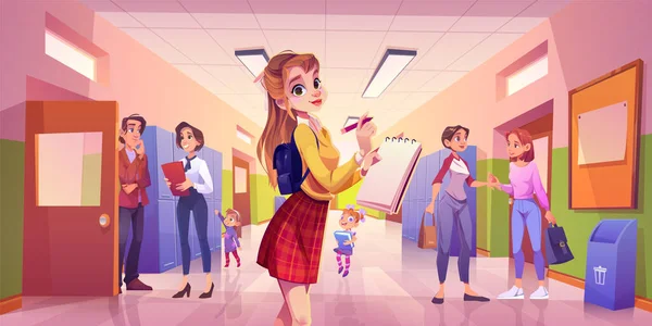 Κορίτσι Στο Διάδρομο Του Σχολείου Διάνυσμα Κινούμενο Σχέδιο Εσωτερικό Φόντο — Διανυσματικό Αρχείο