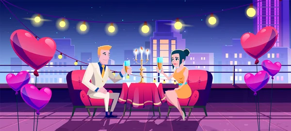 Romantic Dinner Date Night City Roof Terrace Cartoon Illustration Couple — Stock Vector