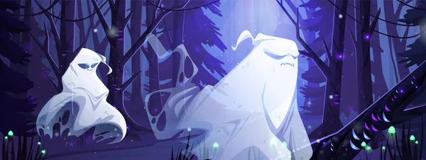 Νυχτερινό Δάσος Φόντο Φάντασμα Και Πυγολαμπίδα Κινουμένων Σχεδίων Διάνυσμα Αποκριές — Διανυσματικό Αρχείο