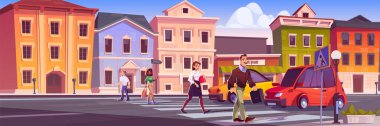 Karikatür geçmişi olan şehir caddesi trafiği. İlçeden geçen insanların olduğu bir bina ve kaldırım manzarası. Otoyol Bulvarı 'nın yakınındaki arka bahçe ve nakliye aracı. Meşgul kadın yürüyüşü