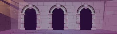 Kapıları olan antik bir kale duvarı. Karanlık kapıları olan taş zindanın vektör çizimi, ortaçağ yeraltı hapishanesi, kraliyet sarayı bodrumu, perili kale koridoru. Oyun arkaplanı