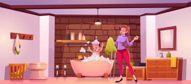 Bebek ve anne banyoda saçlarını şampuan vektör resimleriyle yıkıyorlar. Sabun köpüğü ve köpükle banyo yapan çocuk karakter. Genç anne, havluyla tuğla duvarın ve aynanın yanında mutlu bir çocuk bekliyor..
