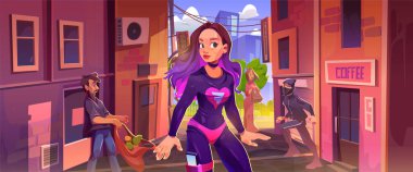 Girl super hero in city street alley came for thief man cartoon background. Neighborhood back alleyway in ghetto and powerful female character in tight purple costume came for justice comics scene clipart