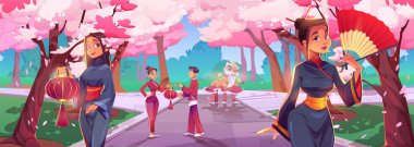 Çin Yeni Yıl Karikatür Çizimi. Karnaval kutlamaları sırasında park alanında kiraz yaprağı, fener ve ejderhalı geleneksel Japon festivali. Dışarıdaki insanları kostüm içinde topla.