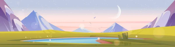 Bergseenlandschaft Frühen Morgen Malerischer Hintergrund Bei Sonnenaufgang Sichel Rosa Himmel — Stockvektor