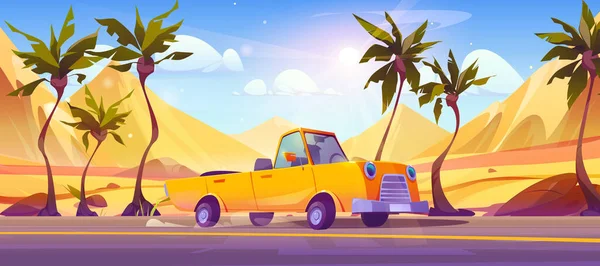 砂の砂漠の風景の背景に山の近くの転換車のドライブ道路 オーストラリア旅行で古いキャブリオレットと夏の谷の通りにヤシの木 漫画ベクトル休暇水平イラスト — ストックベクタ