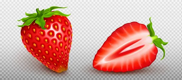 Realistisches Set Aus Ganzen Und Geschnittenen Halben Erdbeeren Isoliert Auf — Stockvektor