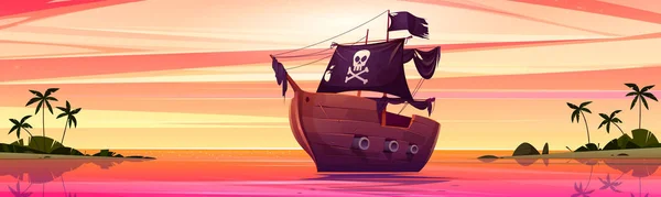 シーアイランドビーチ日没漫画の背景の近くの海賊船 オレンジの夜の空 緑のヤシの木と海の風景 熱帯ラグーンの海岸スカイラインと黒い頭蓋骨の旗と木製のボート — ストックベクタ