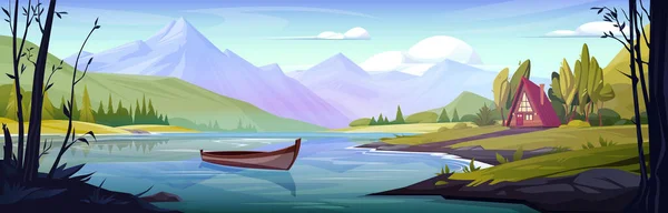 Beautiful mountain landscape with lake. Vector cartoon illustration of spring Alpine nature, wooden boat floating on water, glamping hut in green valley, pine forest trees, blue sky with clouds