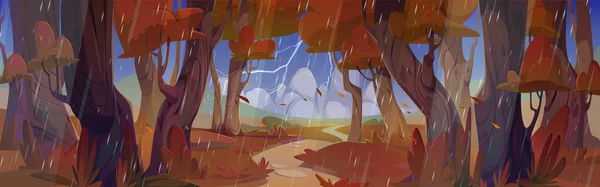 Осінній Ліс Векторний Пейзаж Дощем Блискавкою Стежка Біля Дерева Сцені — стоковий вектор
