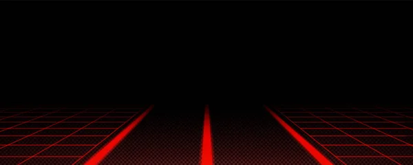 レッドレーザーグリッドサイバーニュースレターゲームの背景 Retrowave Neon Landscape Road Line Synthwave 透明幾何学スピードストレートパスイラストパースパノラマボーダーデザイン — ストックベクタ