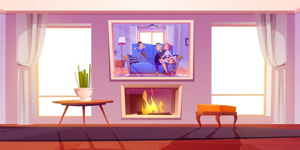 暖炉と壁に家族の肖像画とリビングルーム 大きな窓 ヴィンテージの木製のテーブルと椅子 幸せな両親と子供たちの笑顔の写真と光の家のインテリアのベクトル漫画のイラスト — ストックベクタ