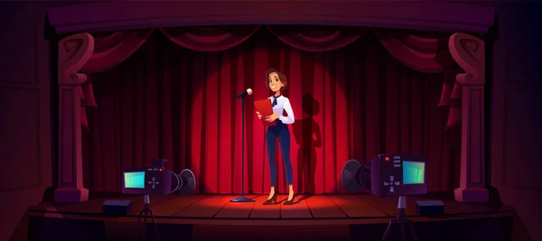 Moderatorin Lächelt Mikrofon Auf Der Bühne Vektor Cartoon Illustration Einer — Stockvektor