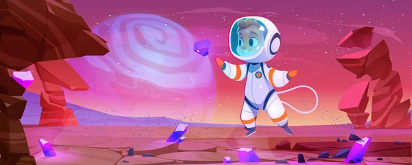 Uzaylı Gezegen Yüzeyindeki Mutlu Astronot Çocuk Uzay Giysisi Miğfer Takmış — Stok Vektör
