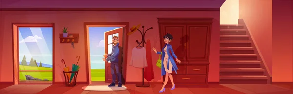 Couple Quitter Maison Porte Ouverte Dans Couloir Avec Pré Paysage — Image vectorielle