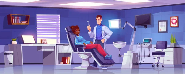 歯医者と椅子の患者と歯医者のオフィス 病理学 歯の治療と診療所での男性と女性の文字と医療の概念 ベクトル漫画のイラスト — ストックベクタ