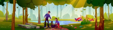 Ormanda çöp toplayan gönüllüler. Ağaçların altındaki yeşil açıklıkta kamp yaptıktan sonra gölün yakınındaki park alanını temizleyen, çöp torbalarına çöp koyan genç adam ve kadının vektör çizimi.