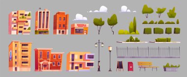 Şehir sokak tasarım elementlerinden oluşan bir çizgi film seti. Apartman binaları, dükkan, kafe, okul, müze, park ağaçları, çalılar, çitler, fenerler, bank, atık kutusu, arka planda izole bulutlar