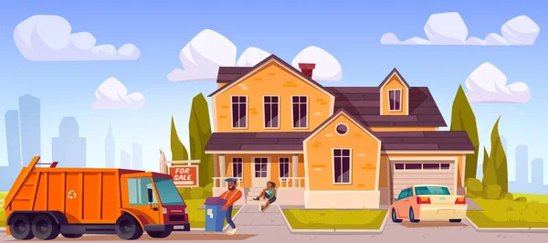 Φορτηγό Σκουπιδιών Κοντά Σπίτι Διανυσματική Απεικόνιση Hauler Σκουπιδιάρης Προάστιο Δρόμο — Διανυσματικό Αρχείο
