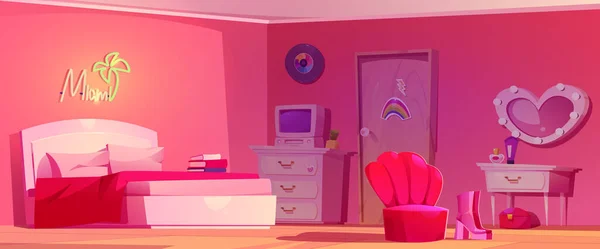 Y2K粉色卧室室内设计矢量卡通背景 女生公寓的电脑 书本和霓虹灯 梳妆台附近的青少年迈阿密饰品 乙烯和灯饰 — 图库矢量图片