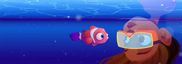 Ragazza Immersioni Nell Oceano Subacqueo Cartone Animato Avventura Giovane Curioso — Vettoriale Stock