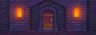 Ortaçağ kalesinin eski ahşap kapısı. Taştan duvarın vektör karikatür çizimi, kemer kapılar, aydınlatılmış pencereler. Antik zindan, yeraltı hapishanesi, kraliyet sarayı, kale cephesi. Oyun arkaplanı