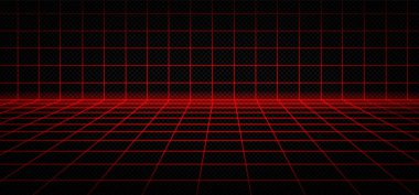 Red laser grid cyber newretrowave 3d background. Neon digital room with vaporwave and square cell wireframe. Futuristic retro mesh dimension pattern with floor. Geek outline aesthetic texture design clipart