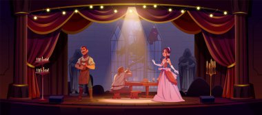 Tiyatro sahnesinde karikatür arka planıyla oynayın. Sahnedeki sahne ışıklarıyla tiyatro ya da opera draması. Aktör ve aktris insanlar ve Broadway etkinliğinde retro tiyatro performansı