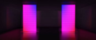Öncü ışık sahne vektör arka planına sahip neon oda. Gece ekran sahnesi olan karanlık soyut stüdyo. Dans partisi ya da konser için boş televizyon salonu. Kumarhane oyun tasarımı için 3D mor sergi odası iç mimarisi