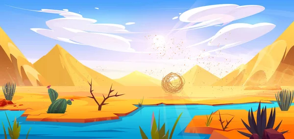 Wüste Flusslandschaft Mit Tumbleweed Ball Vektor Cartoon Hintergrund Oase Mit — Stockvektor