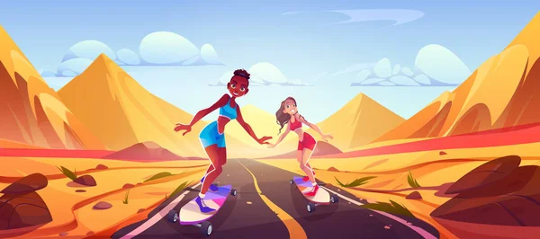 一个性感的女人在沙漠的柏油路上滑板卡通画的风景 女孩夫妇在干旱的非洲地形下做极端的运动 凉快的女子滑雪者在撒哈拉沙漠全景中旅行以展示冒险游戏 — 图库矢量图片