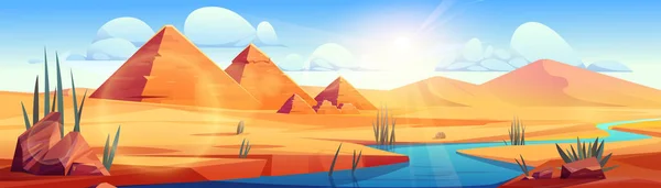 古代エジプトのピラミッドとナイル川と漫画の砂漠 青い水の近くに石や緑の植物と砂の風景のベクトル図は 太陽がファラオの墓の上に空に輝く — ストックベクタ