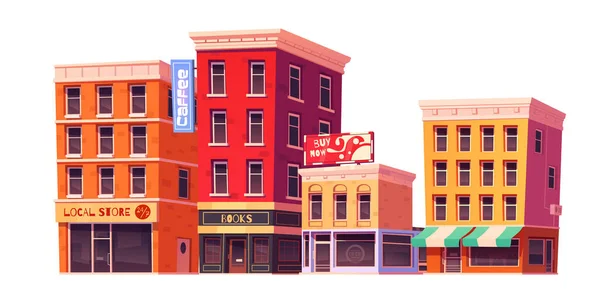 商场和咖啡店建筑外 店面在城市街道上 城市房屋中的商业建筑和商店 以白色背景为隔离 矢量卡通画 — 图库矢量图片