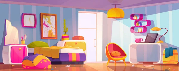 Unordentliches Schlafzimmer Mit Unordentlichem Bett Chaos Und Unordnung Girl Room — Stockvektor