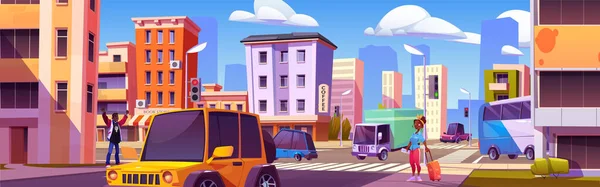 Cartoon Stad Straat Met Intensief Verkeer Voetgangers Vector Illustratie Van — Stockvector