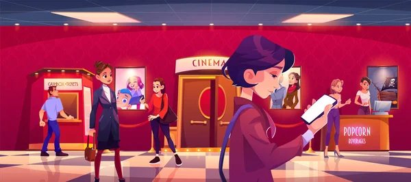 Lobby Cinema Com Caixa Bilhetes Snack Bar Pessoas Espera Show —  Vetores de Stock