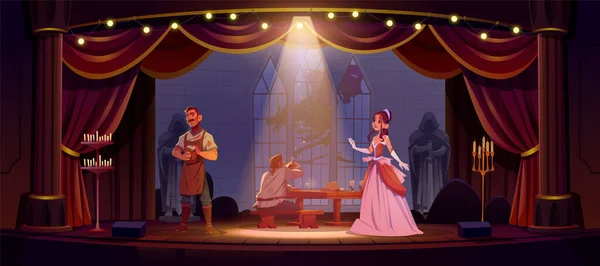 Spielen Sie Auf Der Theaterbühne Mit Vorhang Cartoon Vektor Hintergrund — Stockvektor