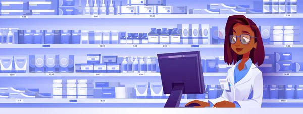 Черная Кожа Аптекарь Аптеке Вектор Карикатура Аптеку Африканской Продавщицей Компьютером — стоковый вектор