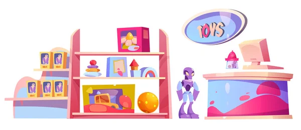 Loja Brinquedos Prateleira Conjunto Vetor Desenhos Animados Móveis Loja Móveis —  Vetores de Stock