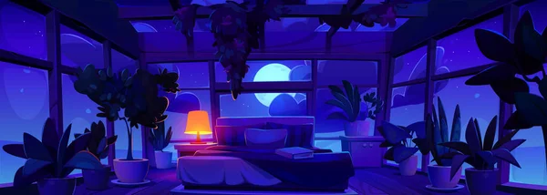 Нічний Порожній Скляний Інтер Спальні Видом Вікно Місяць Зірки Темному — стоковий вектор