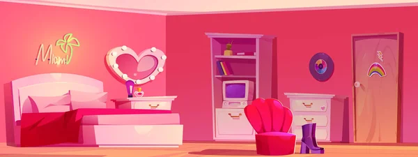 Retro Lány Hálószoba Belső Bútorokkal Vektor Rajzfilm Illusztráció Rózsaszín Szoba — Stock Vector