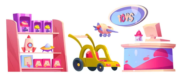 Cartoon Set Von Spielzeug Shop Möbeln Isoliert Auf Weißem Hintergrund — Stockvektor