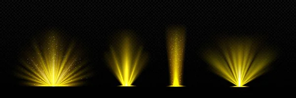 透明な背景の上に金の光の現実的なセットが孤立輝きます キラキラ光る粒子と黄色のフラッシュのベクトルイラスト 魔法のエネルギー爆発ボケ効果太陽光線 — ストックベクタ