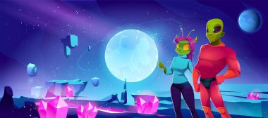 Alien couple in space on fantasy planet cartoon game landscape illustration. Futuristic outer universe asteroid ground surface with pink crystal and crack for night gui arcade adventure design. clipart