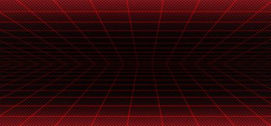 Vaporwave red laser grid angle on black background. Vector illustration of abstract mesh pattern. Retro futuristic 80s sci fi matrix landscape. Classic cyberspace poster, security system simulation clipart