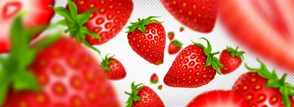 Viele Frische Erdbeeren Fallen Fliegen Vereinzelt Auf Transparentem Hintergrund Vektor — Stockvektor