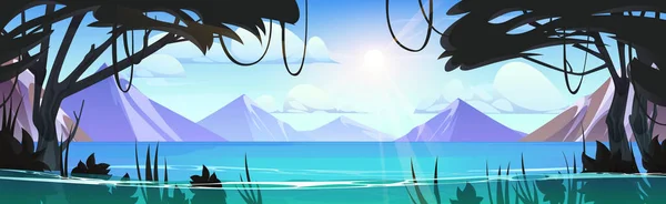 Mountains landscape with lake and forest. Nature scene background with trees and grass silhouettes, river water and rocks with snow, vector cartoon illustration