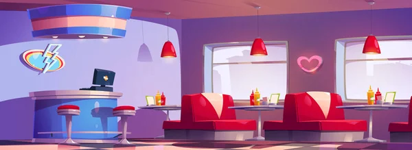 家具付きのアメリカのレトロな食堂のインテリア テーブルの上のカシューデスク 赤いソファ マスタードとケチャップボトルと伝統的なファーストフードレストランのベクトル漫画のイラスト ネオンが壁に装飾を導いた — ストックベクタ