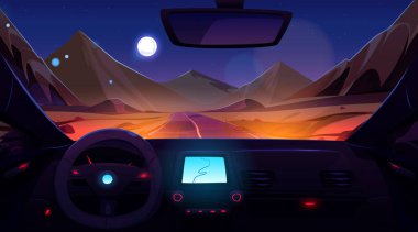 İçerideki araba kuaförü manzarası ve yollu kum çölü manzarası. Geceleri GPS navigatör, tekerlek ve Sahra manzaralı araç paneli, vektör karikatür çizimi