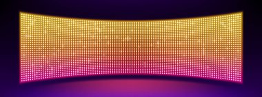 Sahnede veya duvarda gerçekçi bir çukur LED ekran var. Parlayan neon sarısı, siyah arka planda pembe nokta ışıkları olan büyük televizyon ekranının vektör illüstrasyonu. Stadyum için diyot lambalı dijital skor paneli